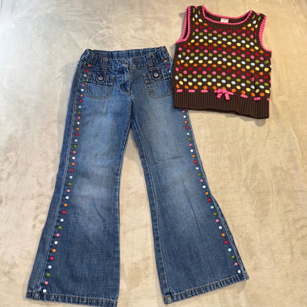 Gymboree Kids Girls Y2K 2007 Polka Dot Sweater Vest Flare Jeans Set Size 7 Brown